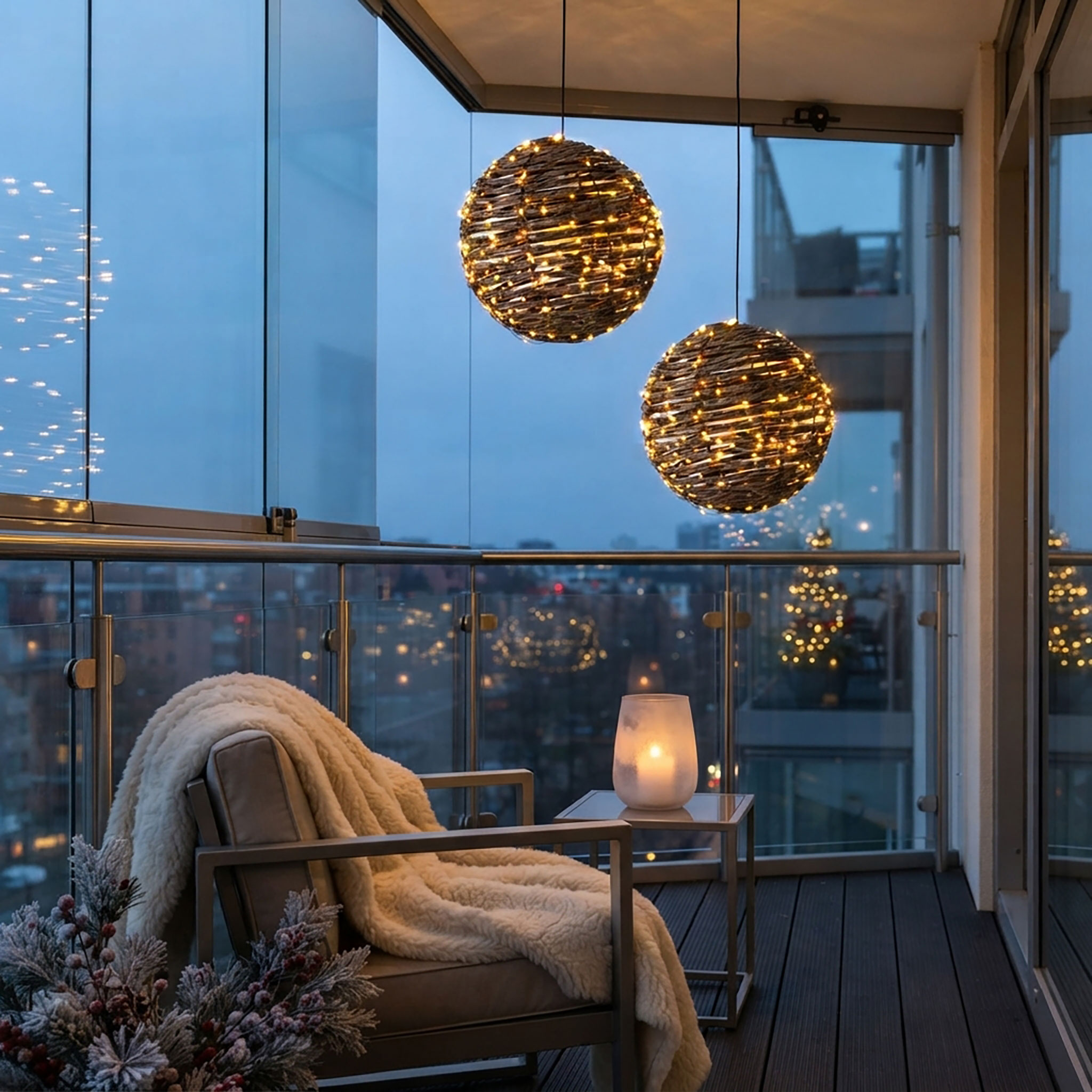 LED Rattan Leuchtball für Außen mit Timer und Twinkle-Effekt - 25 cm - Leuchtkugel mit 300 flashing LEDs in extra warm weiß