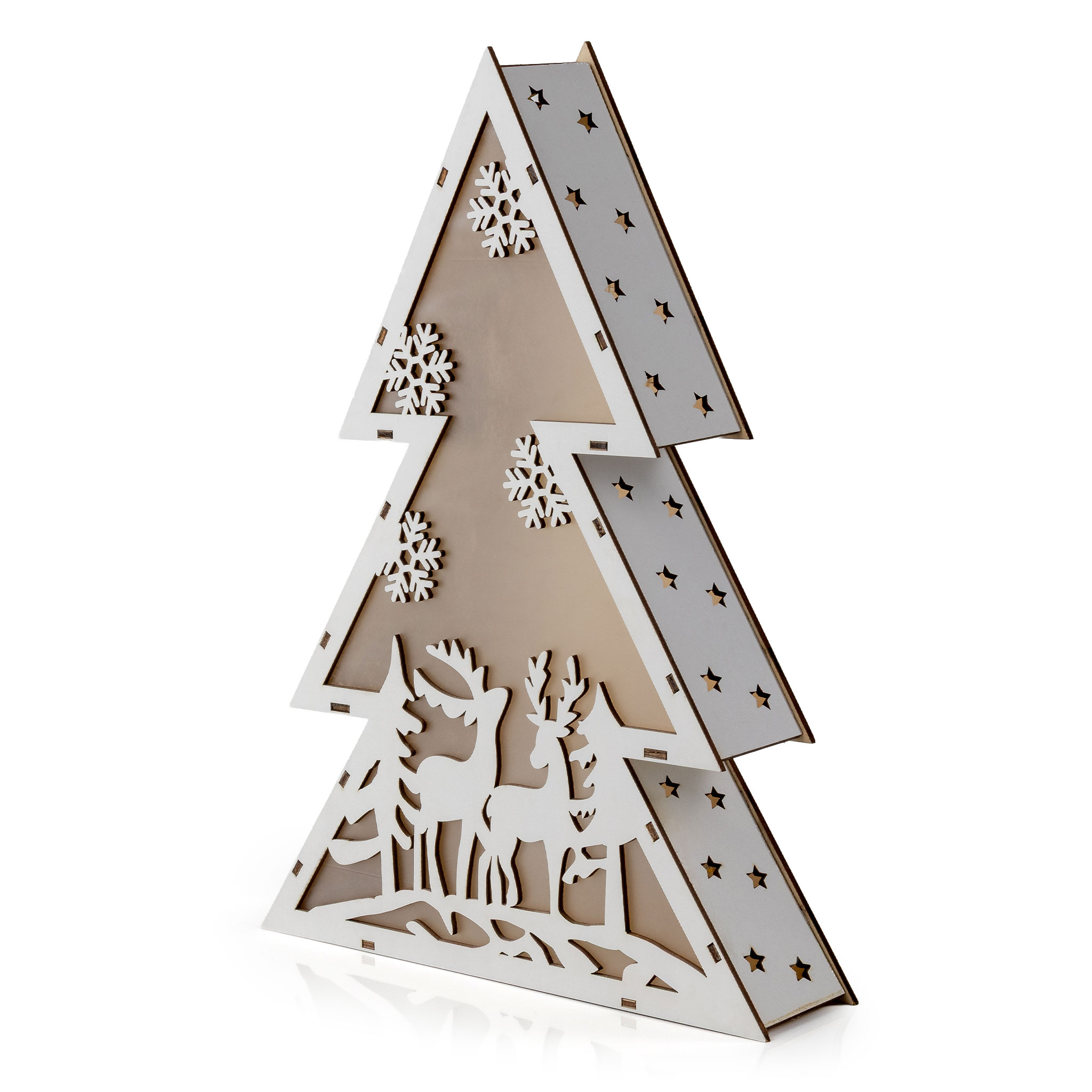 LED Tisch Aufsteller aus Holz 30 cm - 4 Motive wählbar - Weihnachts Deko Stern oder Tanne mit Weihnachts Motiven warm weiß beleuchtet