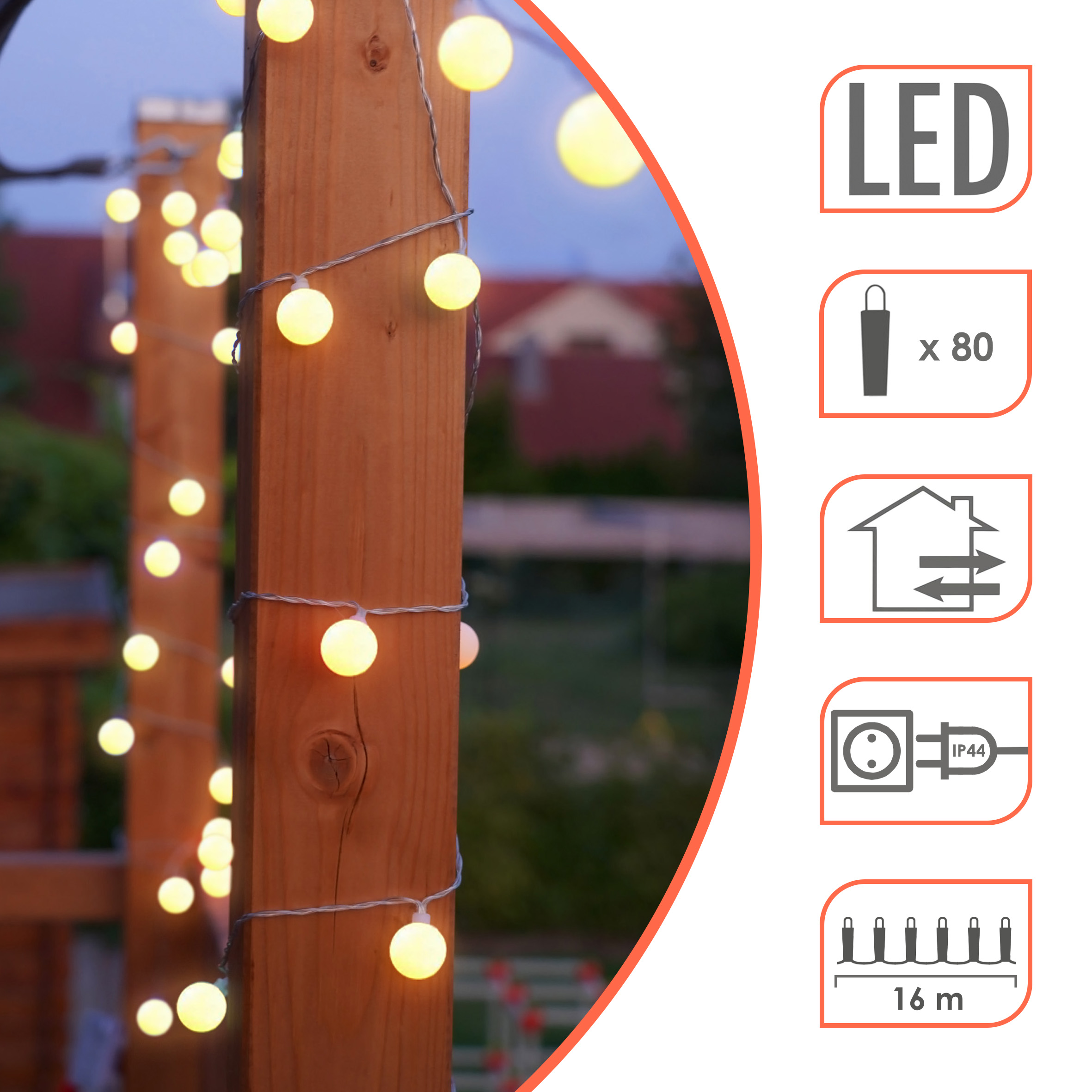 LED Party Lichterkette mit 80 Kugeln - 16 m / warm weiß oder bunt