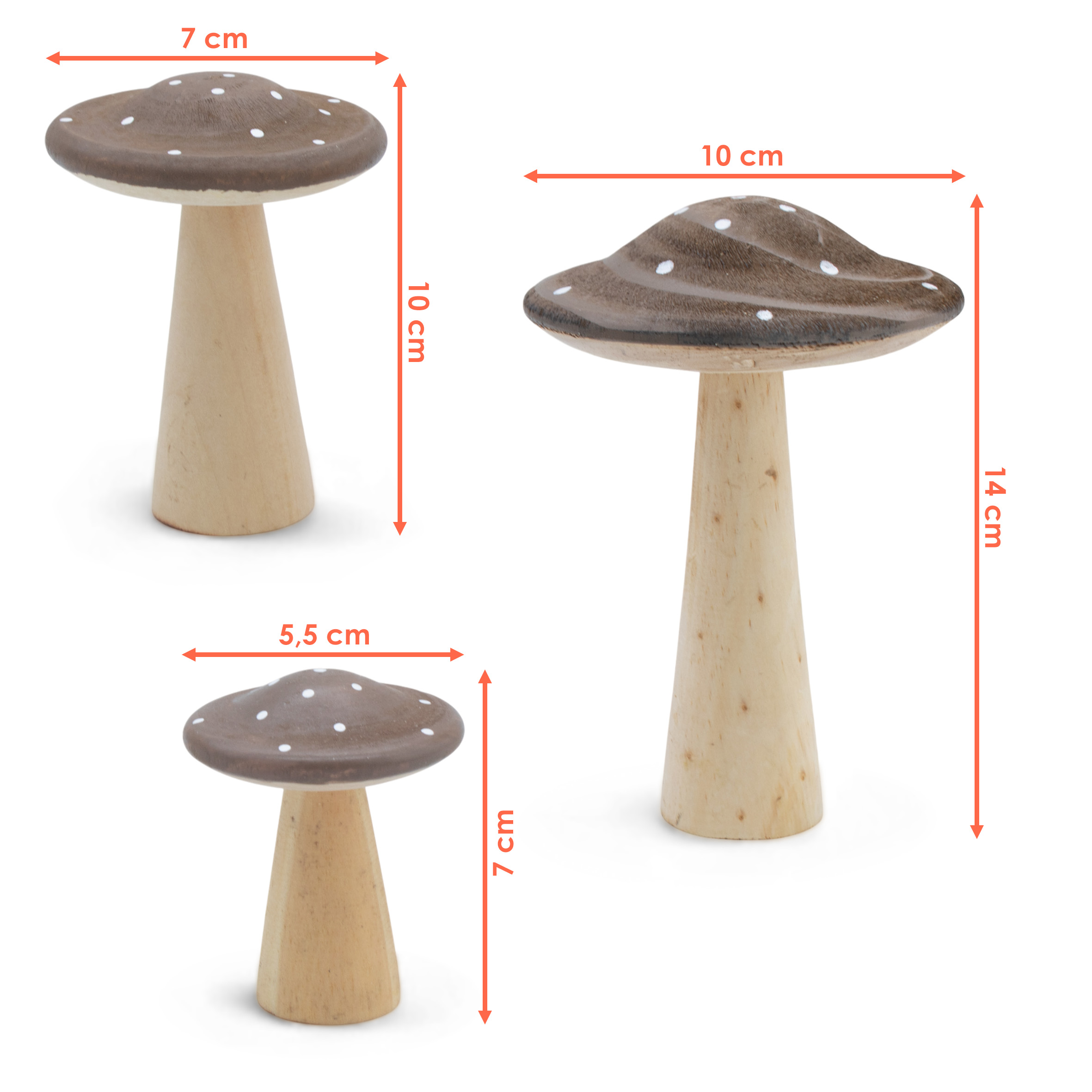 Holz Deko Pilz 3er Set zum Hinstellen - 14 / 10 / 7 cm