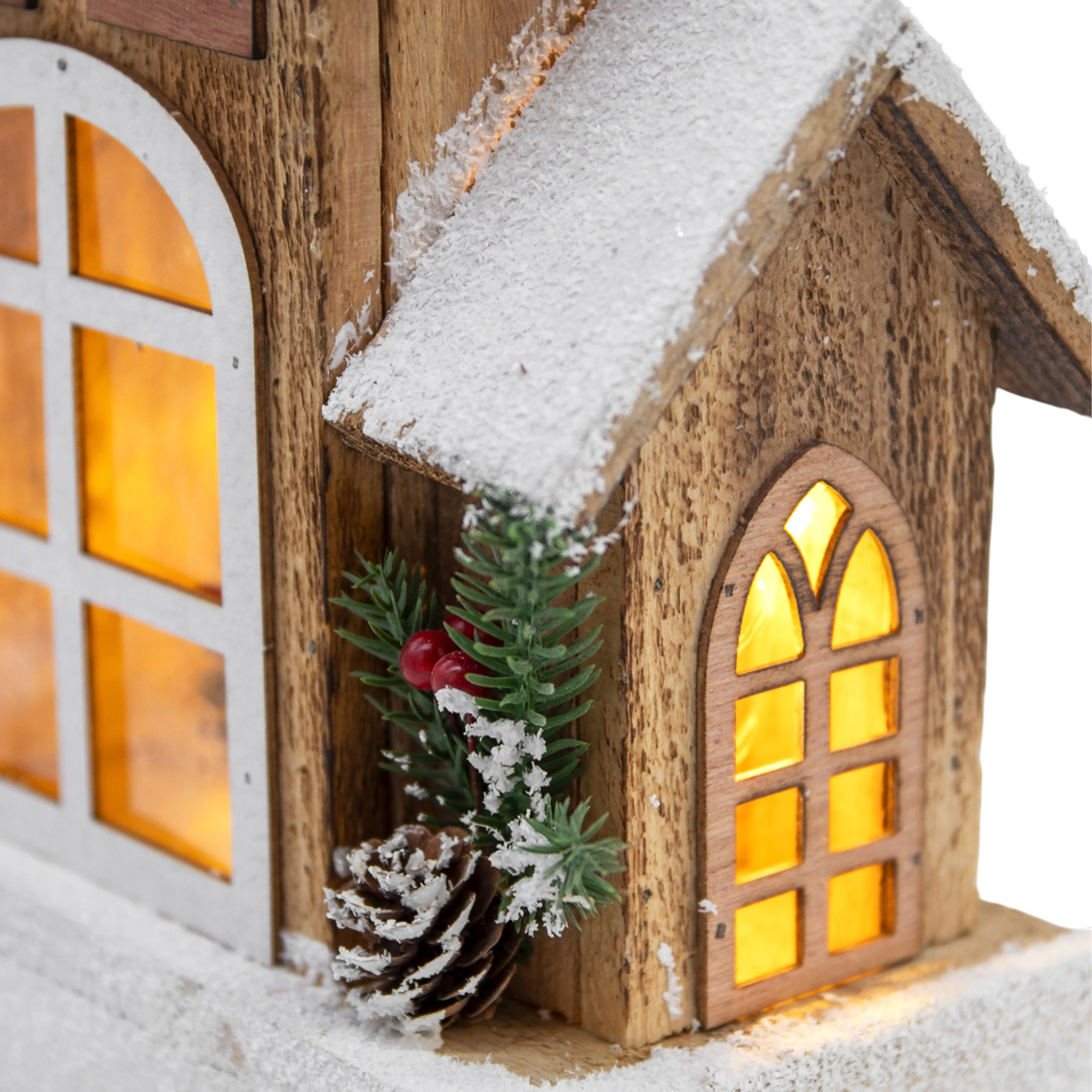 LED Holz Weihnachts Haus mit Schneedach - 29 cm - Lichterhaus Batterie betrieben