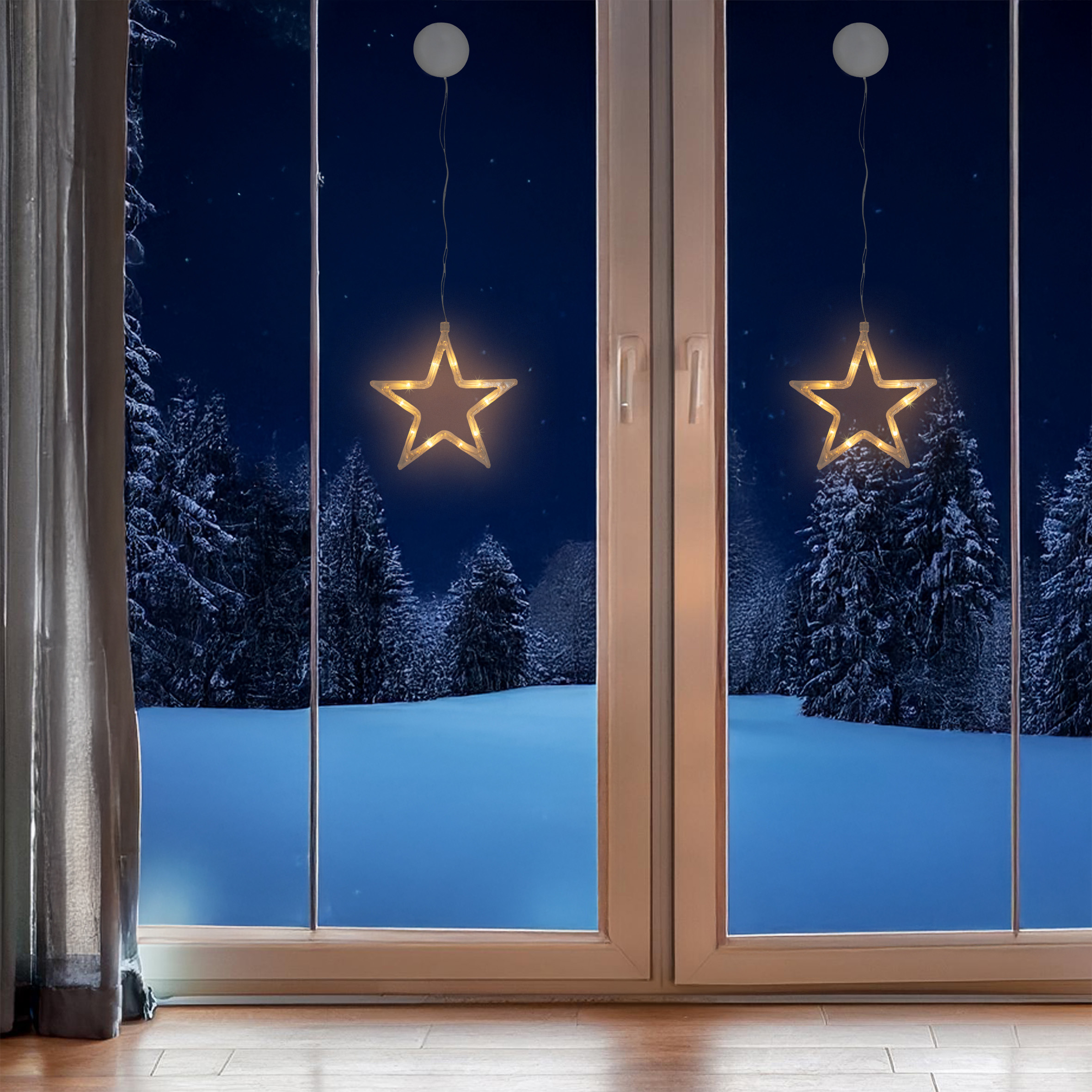 LED Leuchtstern transparent mit Saugnapf zum Hängen - 2er Set - Stern Silhouette warm weiß beleuchtet batteriebetrieben