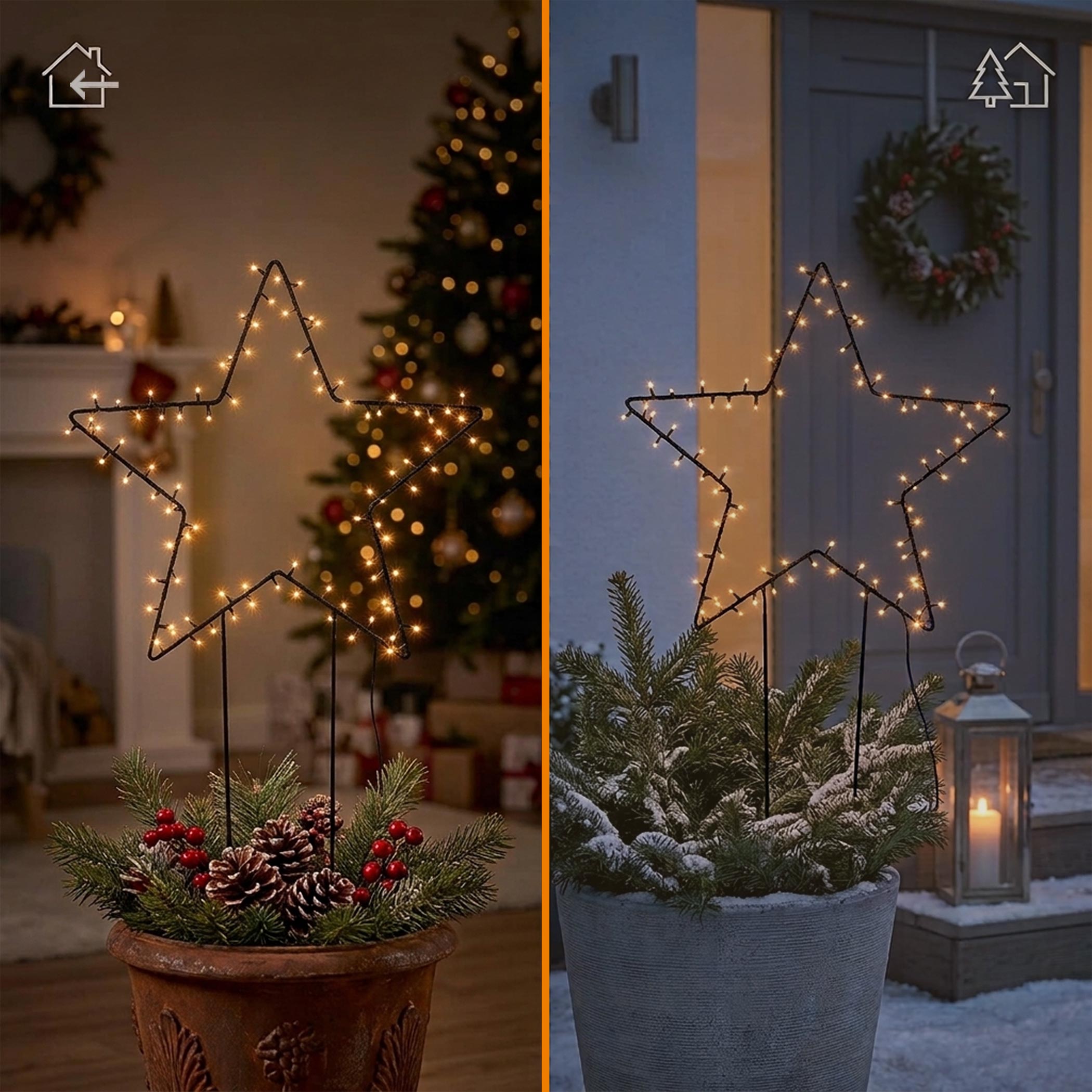 XL Leuchtstern Gartenstecker schwarz 60 cm mit Netzteil - 140 LED - Weihnachtsstern Silhouette warm weiß beleuchtet für Außen und Innen mit Timer