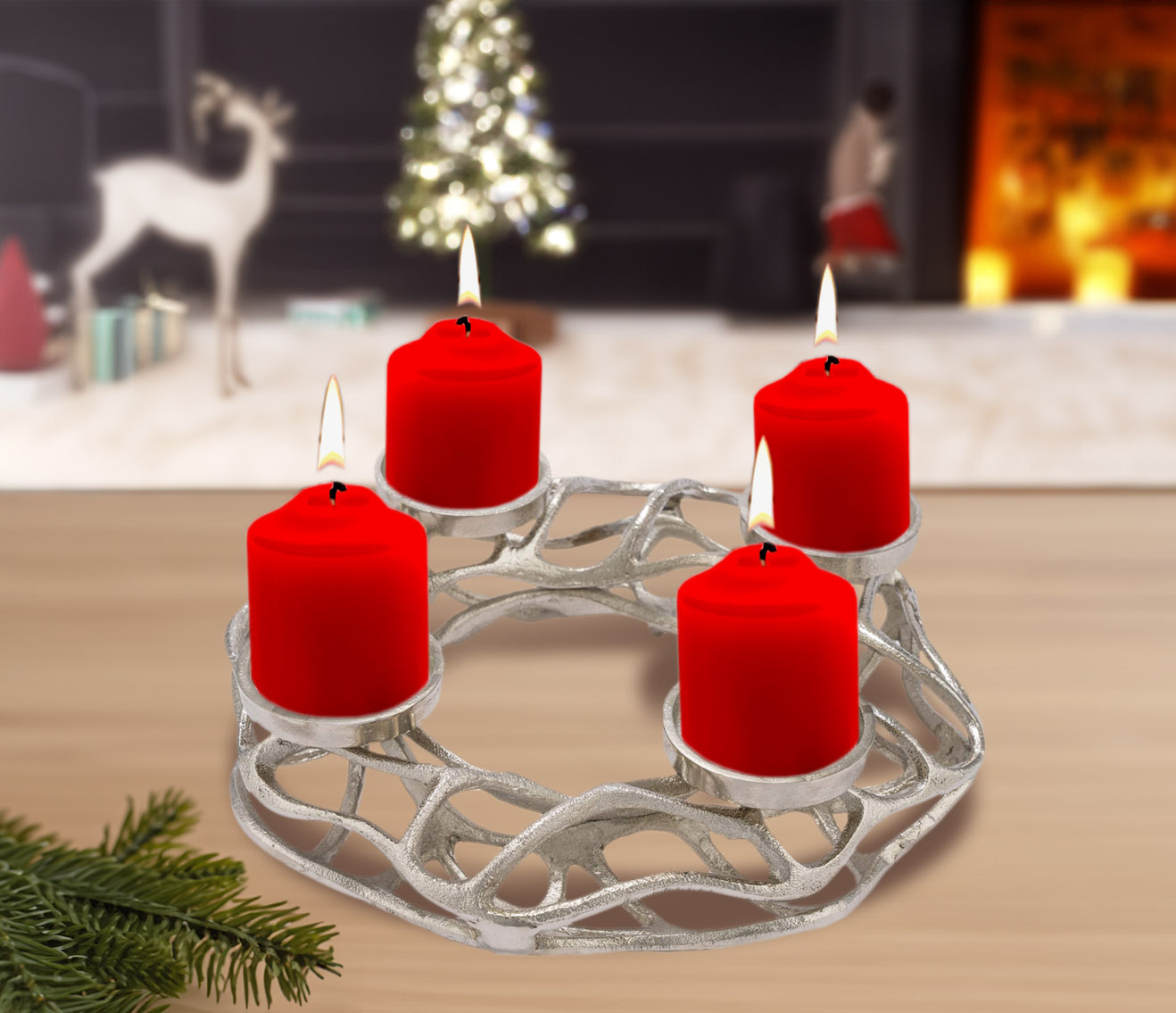 Alu Adventskranz für 4 Stumpenkerzen - 28 cm - Design Kerzenkranz aus Metall 