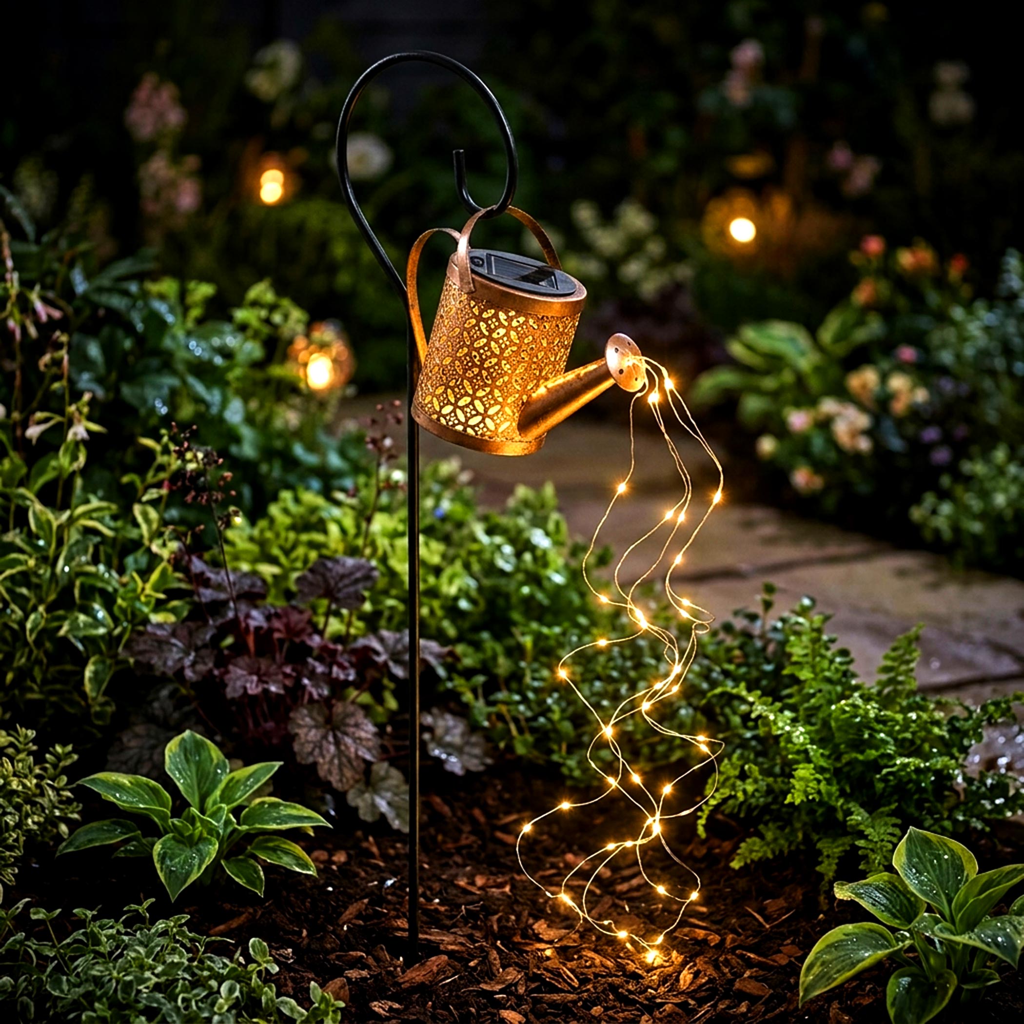 LED Solar Gießkanne mit Erdspieß - 21 x 16 cm - Garten Deko Beleuchtung 40 LED in warm weiß beleuchtet