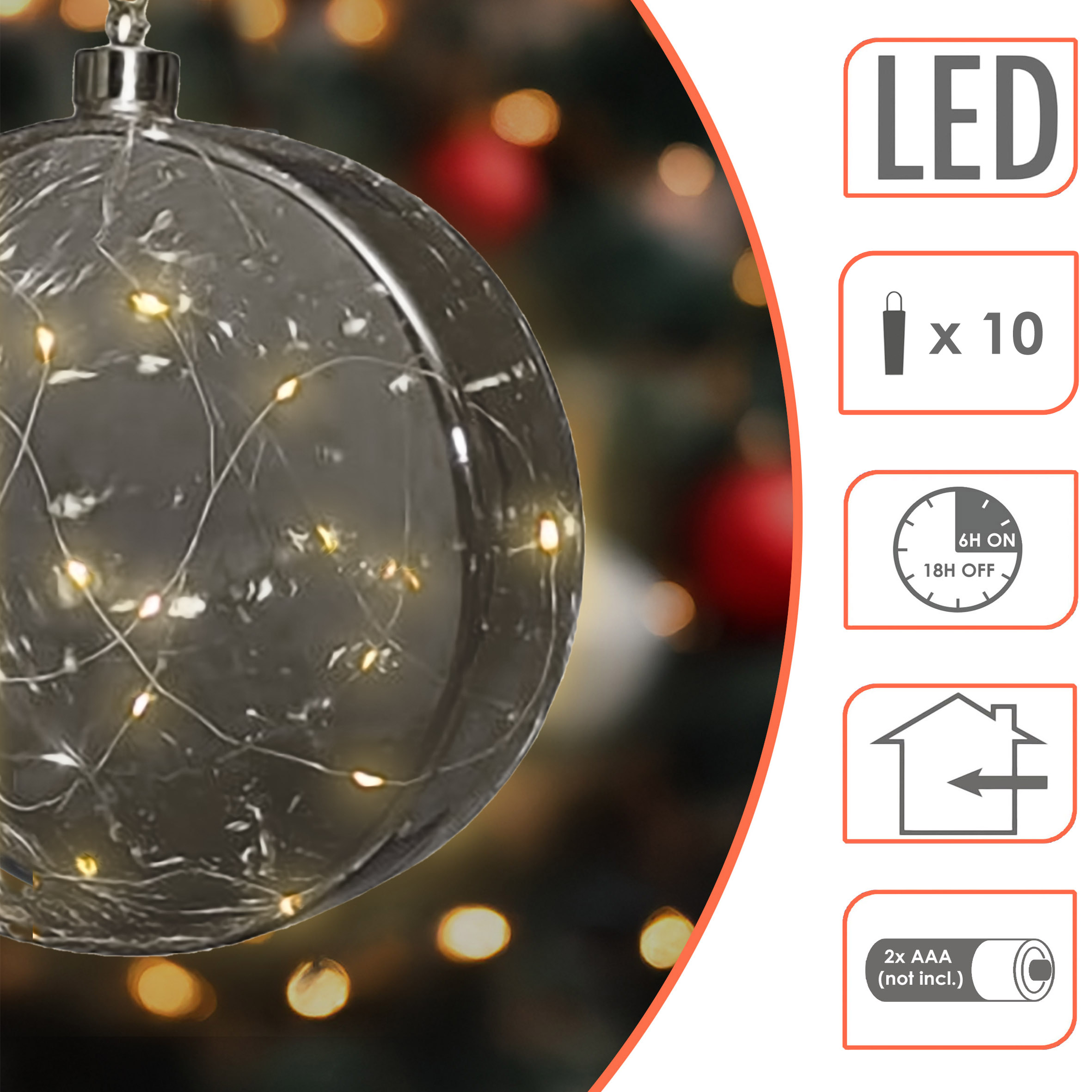 LED Glas Disc 12 cm warm weiß beleuchtet - transparent grau - Weihnachtsdeko Kugel Batterie betrieben mit Timer