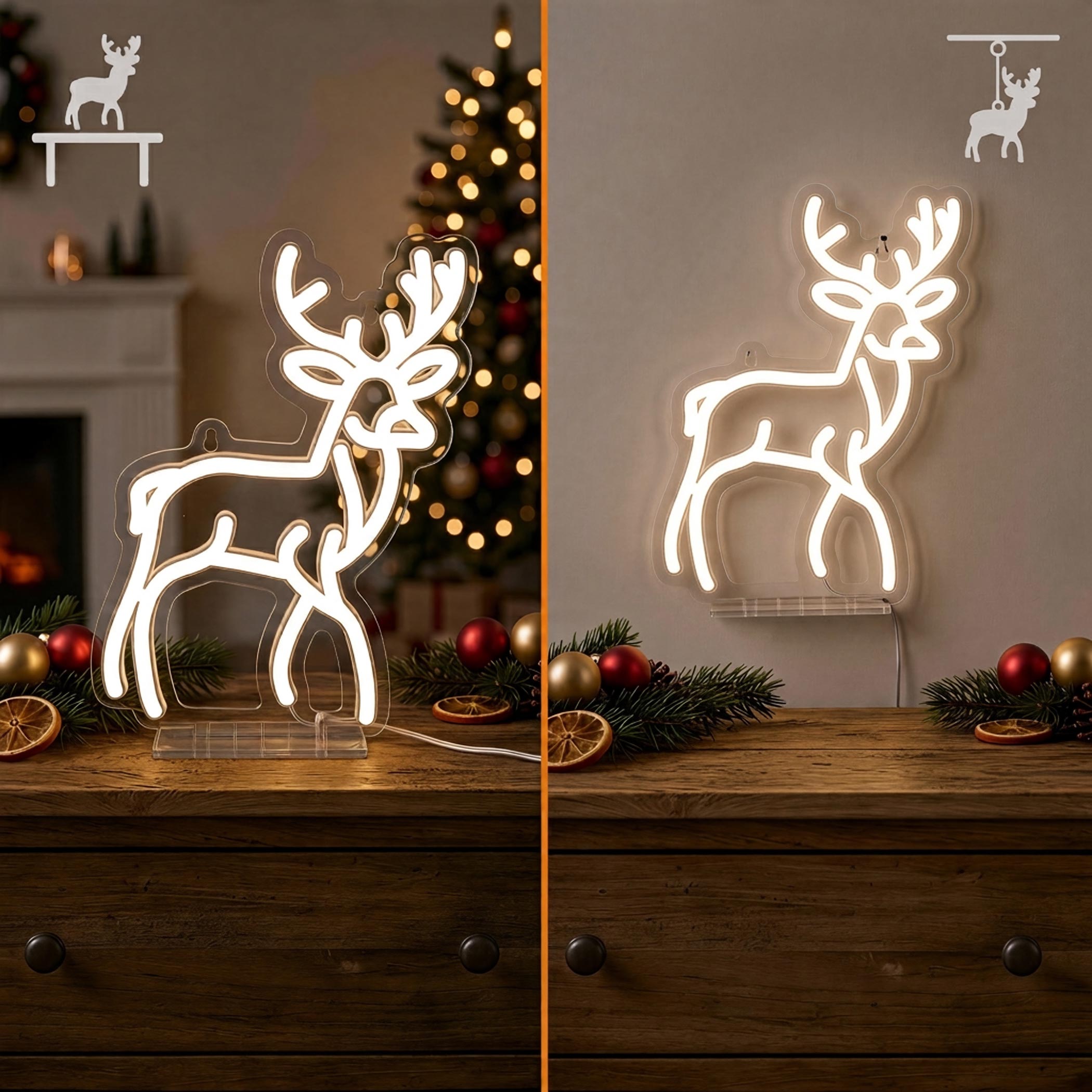 Neon Effekt Rentier Leuchte weiß mit USB Anschluss - 27 x 20 cm - Dekoleuchte Hirsch warmweiß zum Hängen oder Stellen