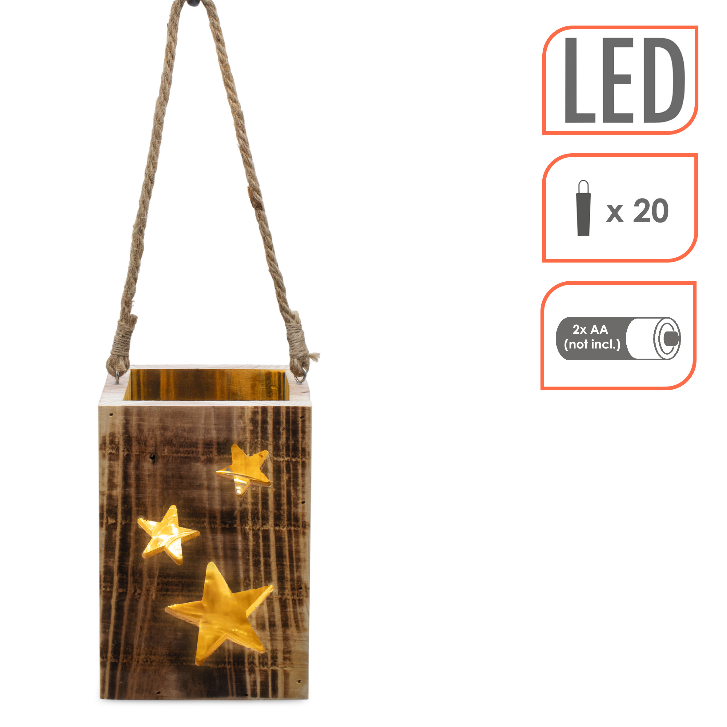 Holz Laterne mit Lichterkette im Glas 20 LED warm weiß - 16 x 11 cm - Hängelaterne mit Kerzenglas und Jutekordel