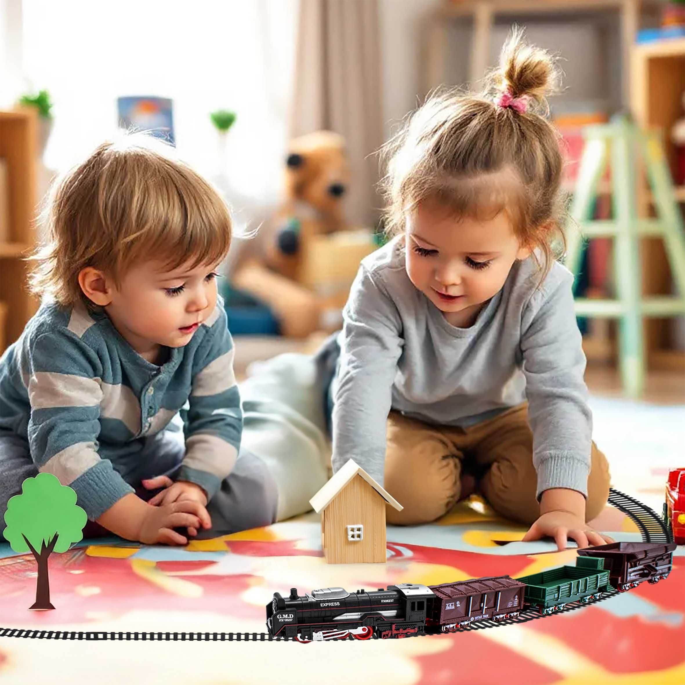 Elektrische Spielzeug Eisenbahn inklusive Schienen - 16-teilig - Zug Komplett Set mit Lokomotive Waggons und Gleisen