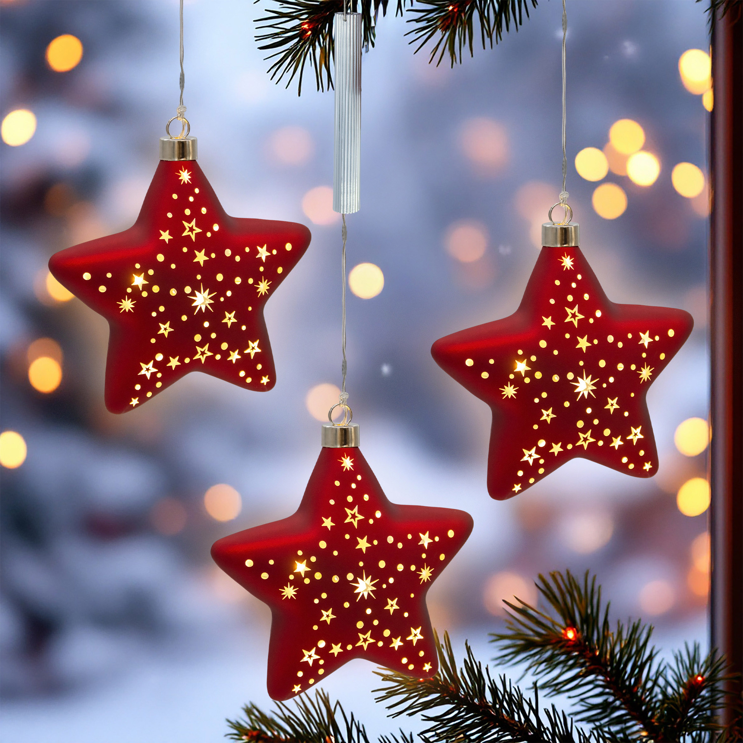 Glas Weihnachtsstern rot zum Hängen mit 10 LED beleuchtet - 15 cm - Deko Stern Leuchte warm weiß Batterie betrieben
