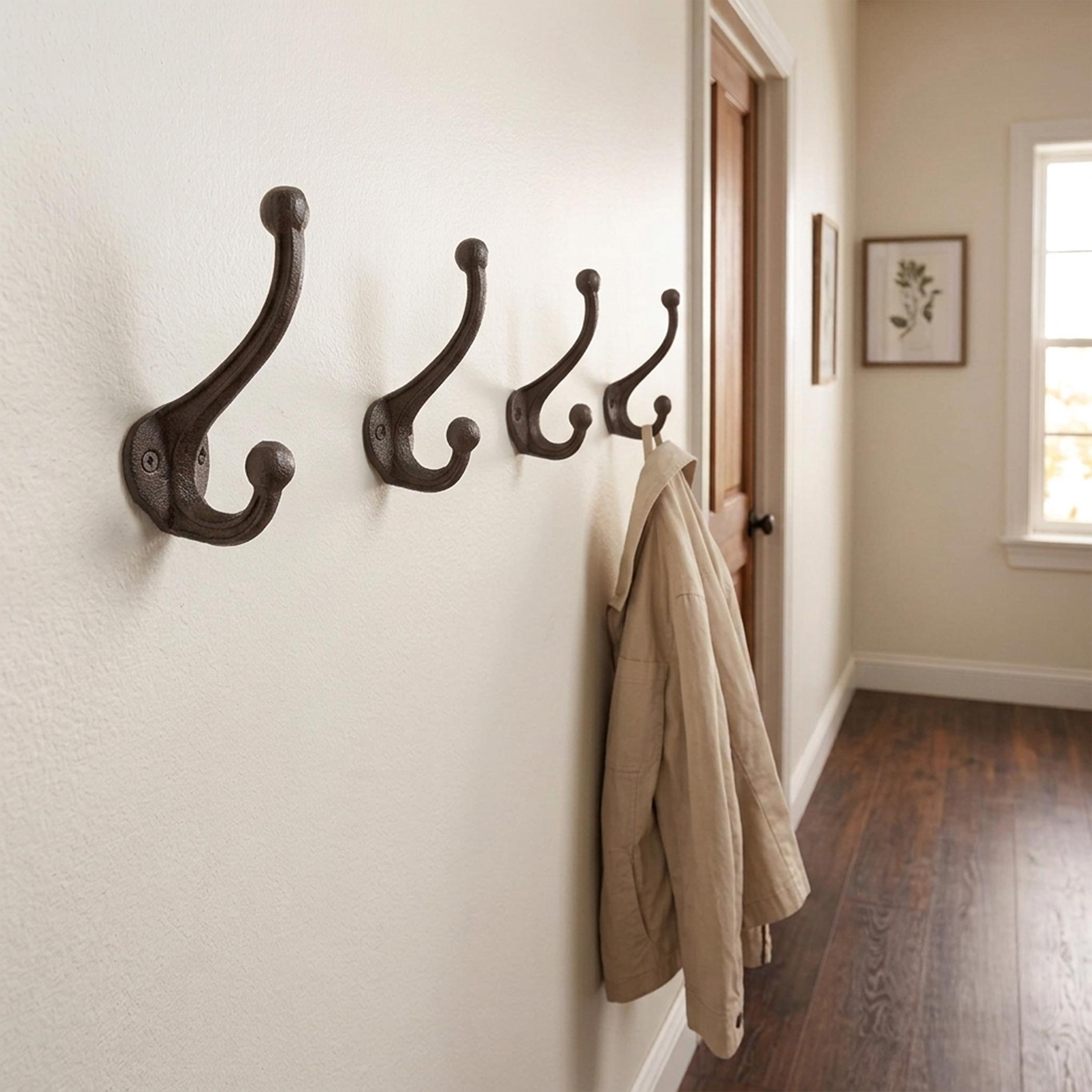 Gusseisen Wand Doppelhaken 11 cm braun - 4er Set - Nostalgie Kleiderhaken in antik Optik