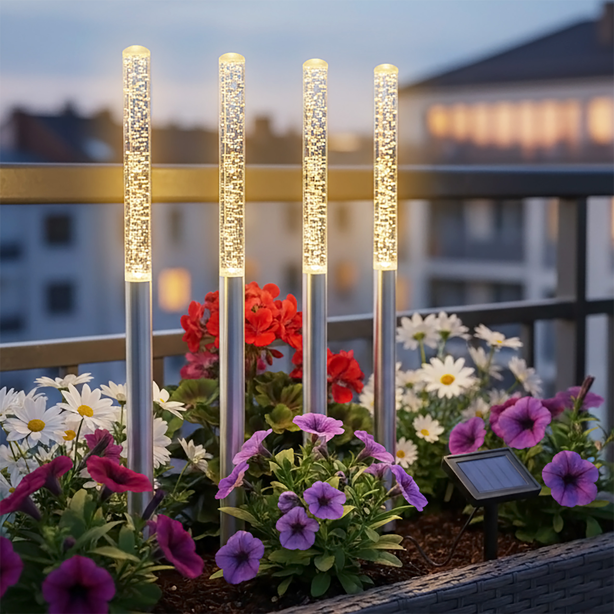 LED Solar Gartenstecker 43 cm im Sprudelsäule Design - 4er Set - Garten Deko Wegeleuchte warm weiß beleuchtet