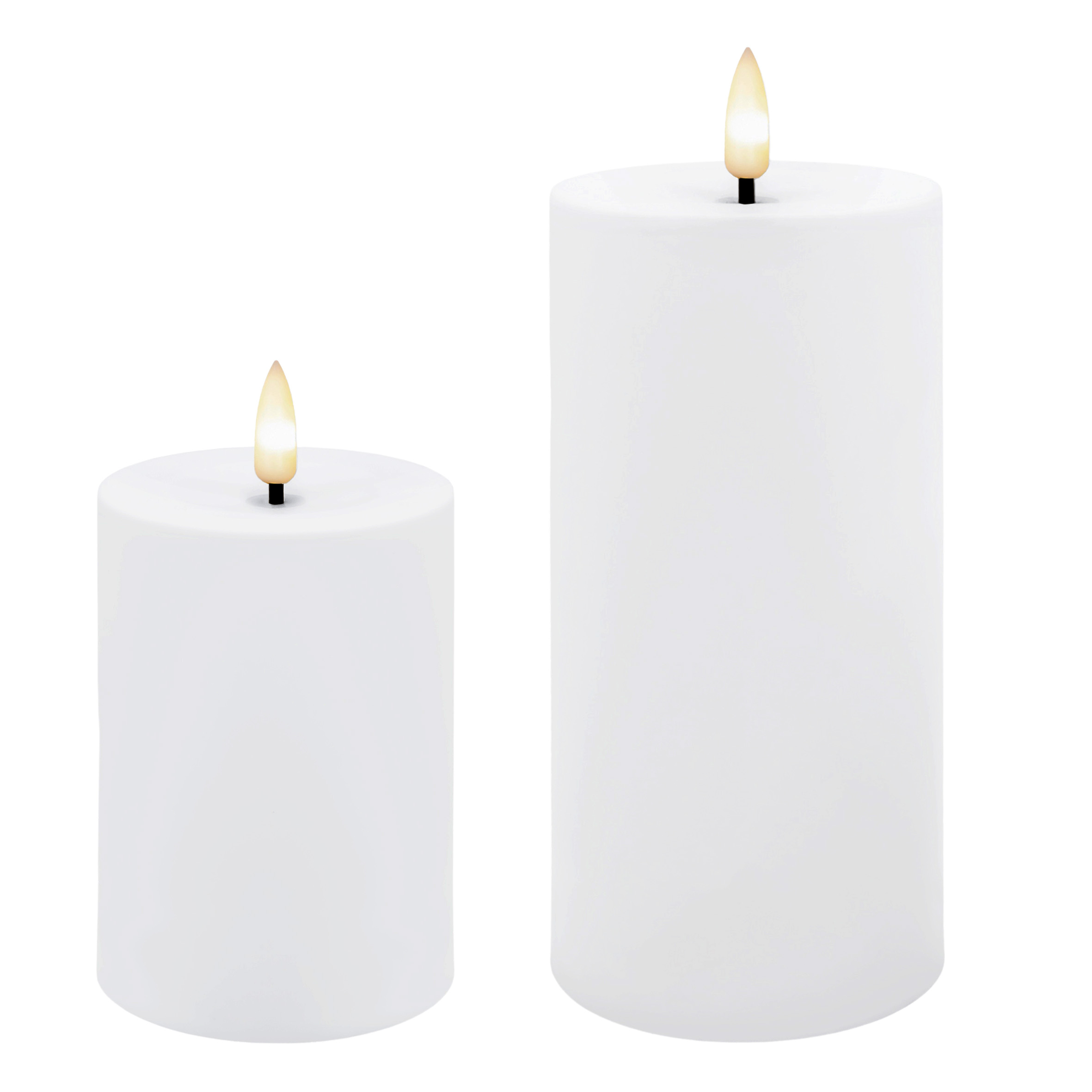 Solar Stumpenkerzen mit Flammen Effekt 2er Set - 10 + 15 cm - Künstliche LED Kerze warm weiß solarbetrieben für Außen