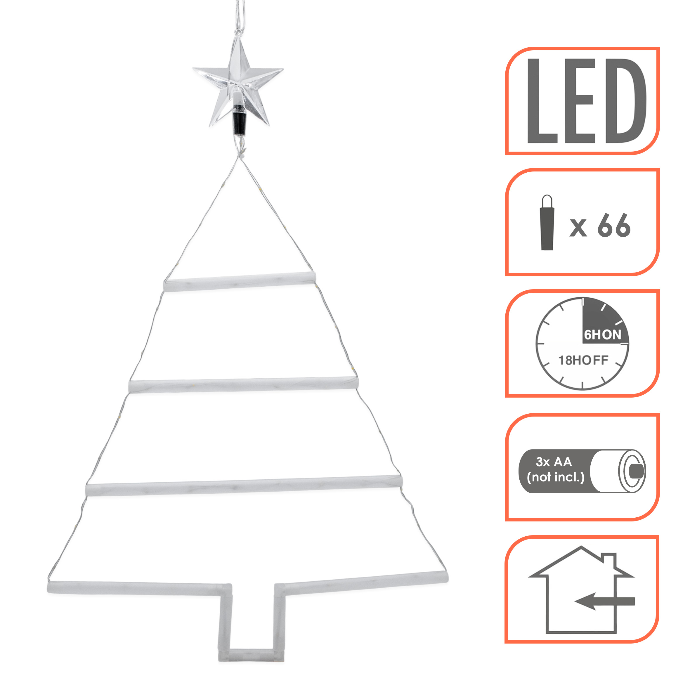 Fensterbild Weihnachtsbaum 66 LED mit 8 Funktionen und Timer - 70 x 46 cm - Fenster Silhouette Tannenbaum warm weiß beleuchtet mit Stern Spitze