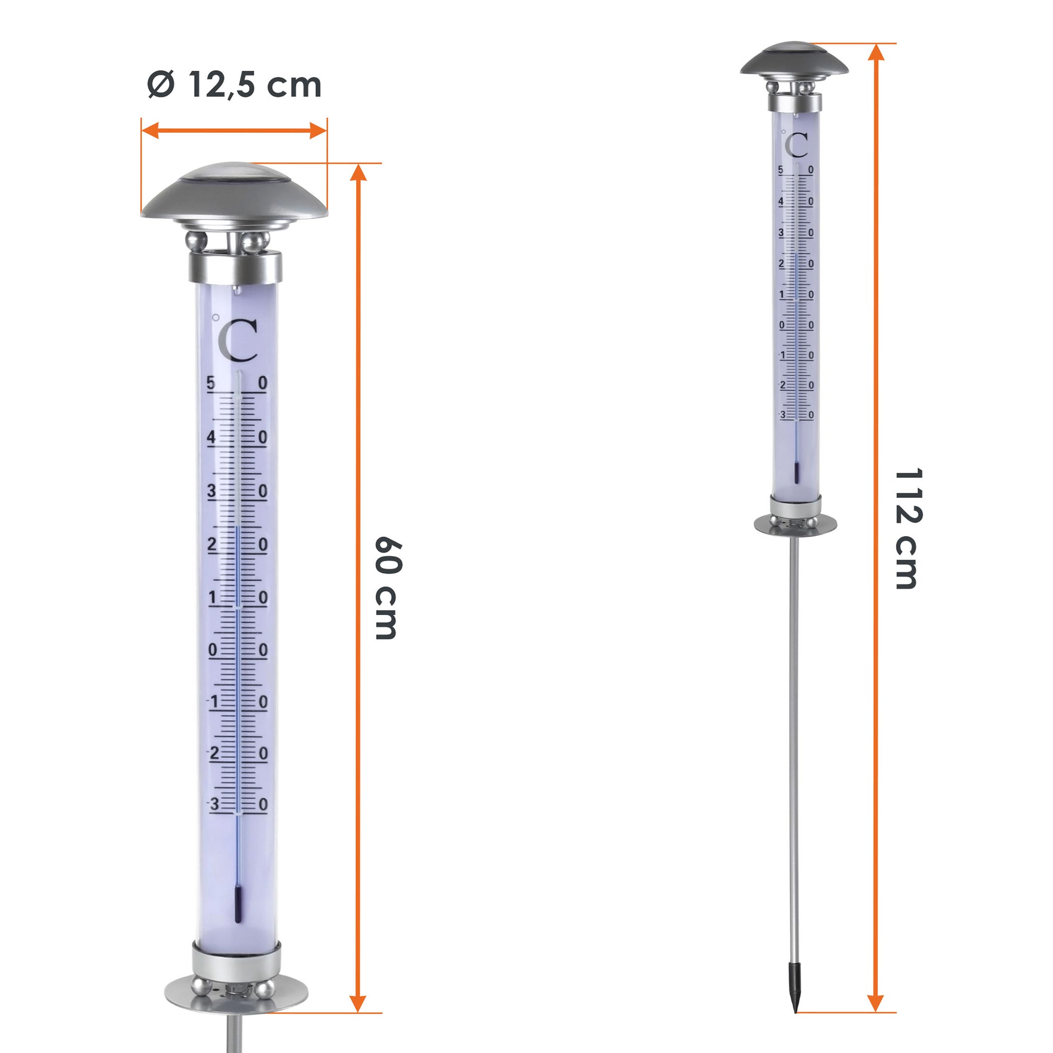 XXL Solar Außenthermometer - 112 cm - beleuchtetes Gartenthermometer mit Erdspieß