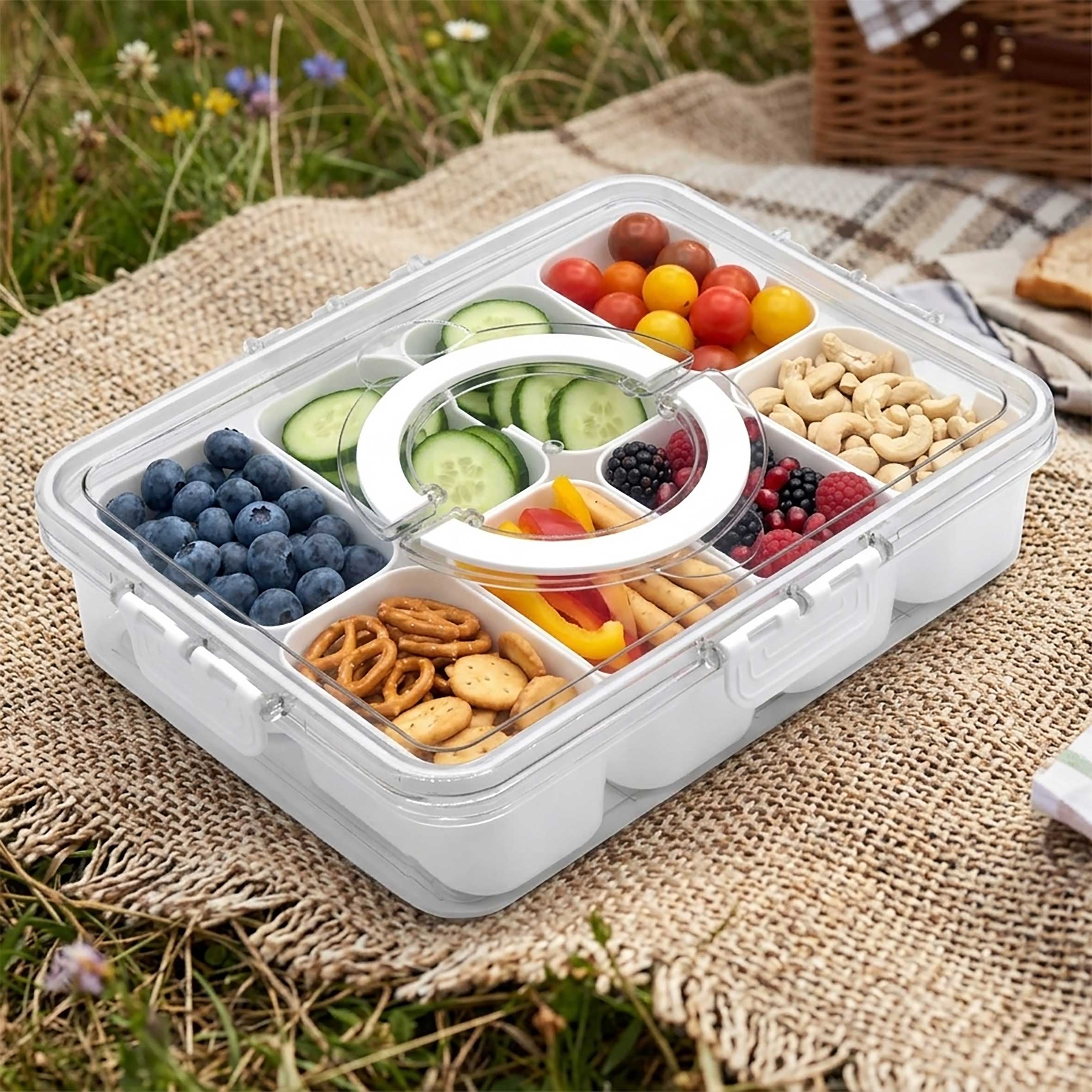 Kunststoff Snackbox auslaufsicher mit 8 Schalen und Deckel - 31 x 24 cm - Snack Transportbox luftdicht mit 8 Fächern
