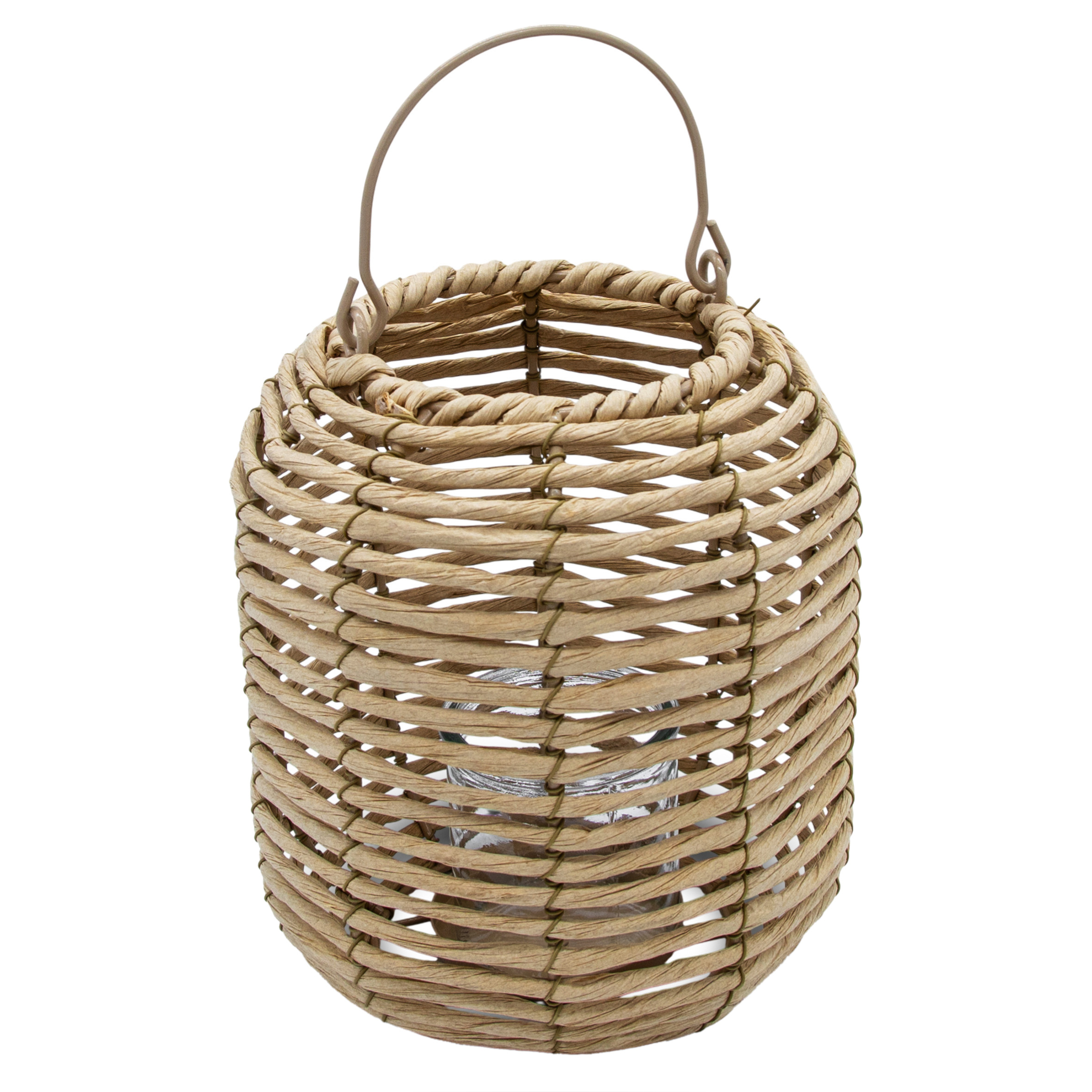 Rattan Windlicht rund natur mit Kerzenglas -  23 x 19 cm - Bast Laterne mit Bügel zum Hängen