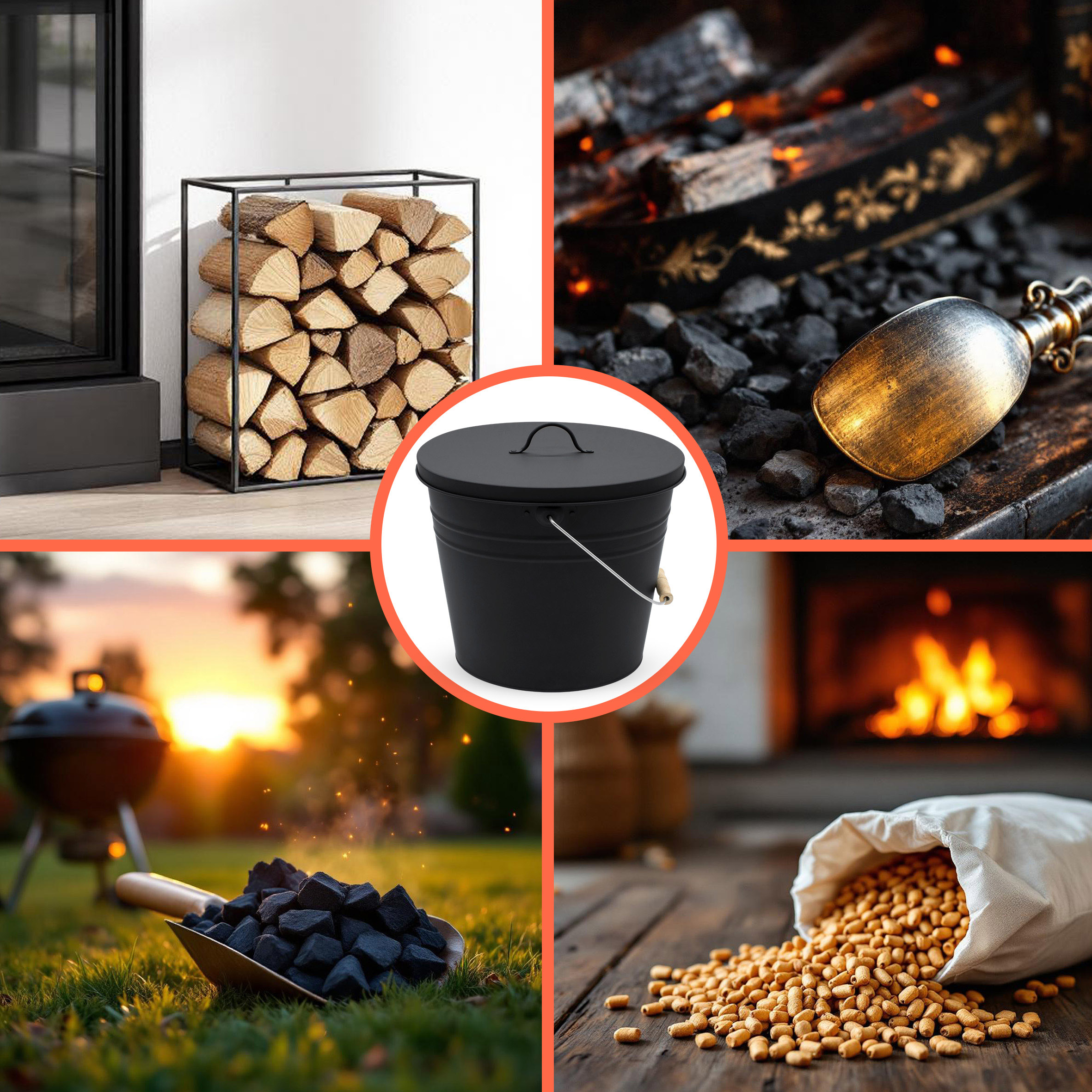 Zink Ascheeimer Oval mit Holzgriff und Deckel 15 L - schwarz - Metall Eimer zum Bepflanzen oder Transportieren