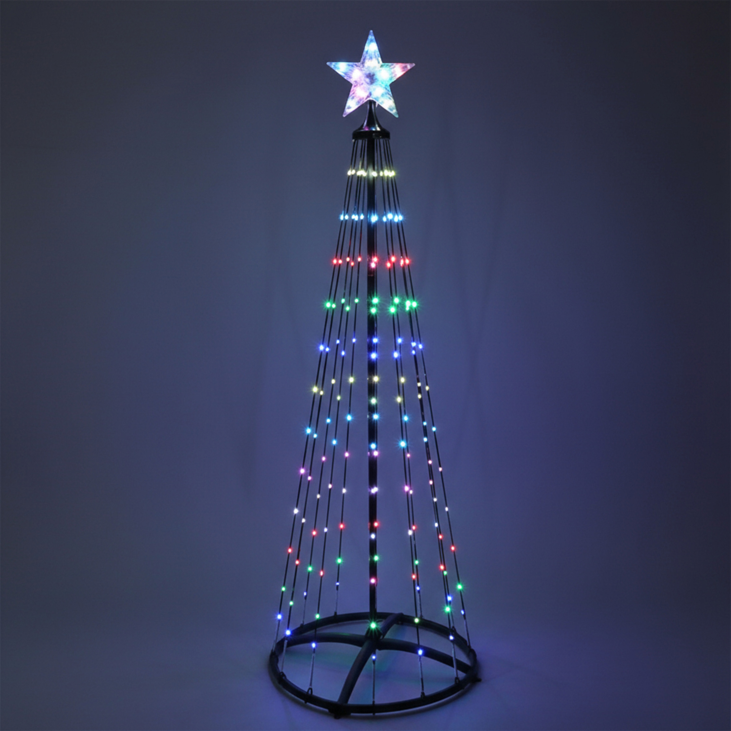 Lichterbaum mit Stern Spitze 150 cm für Außen mit Fernbedienung und Timer - 154 LED - Metall Weihnachtsbaum in schwarz multicolor - Farbe per Fernbedienung wählbar