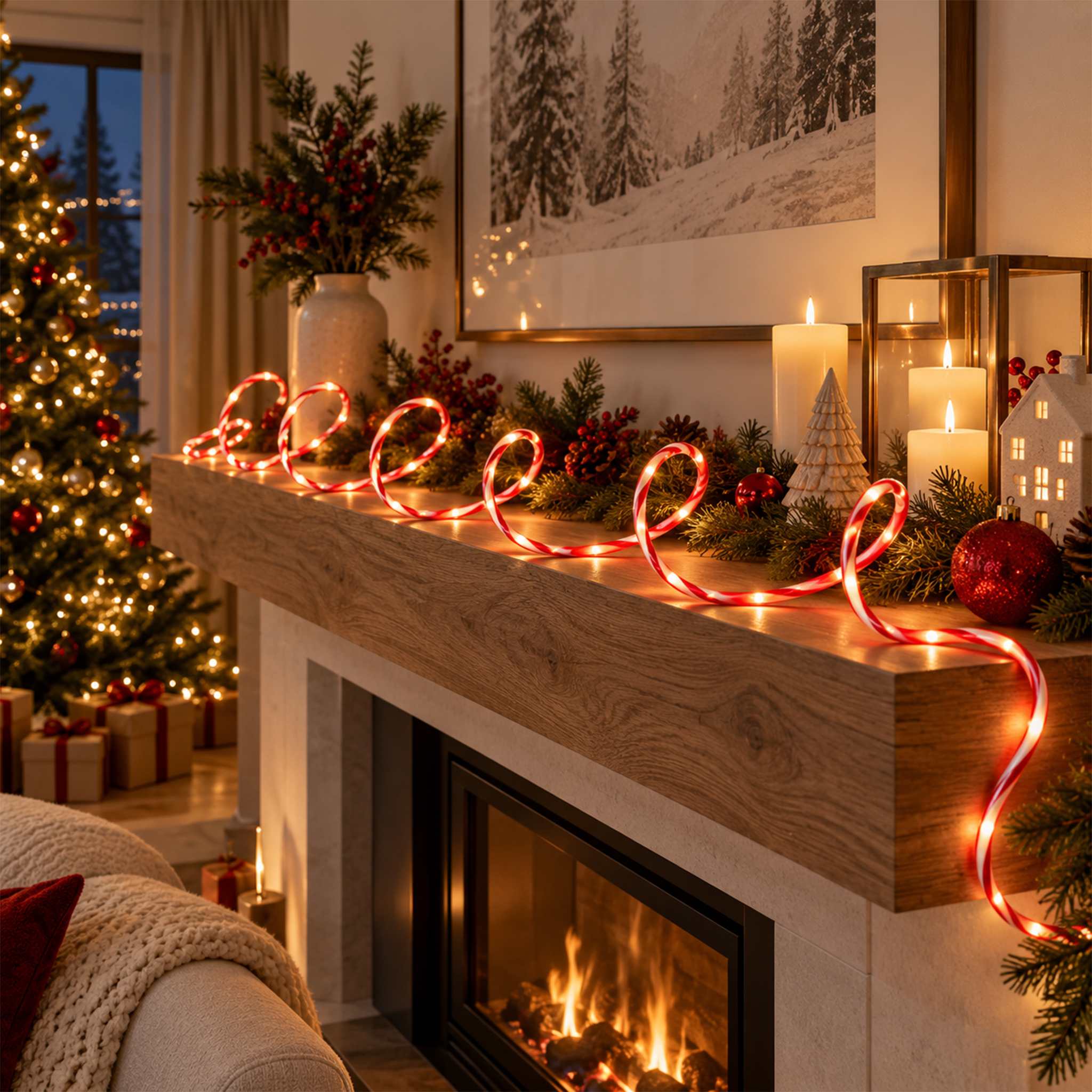 Zuckerstange Lichtschlauch warm weiß für Außen mit Timer - 100 LED - Outdoor Weihnachts Lichterkette rot-weiß gestreift