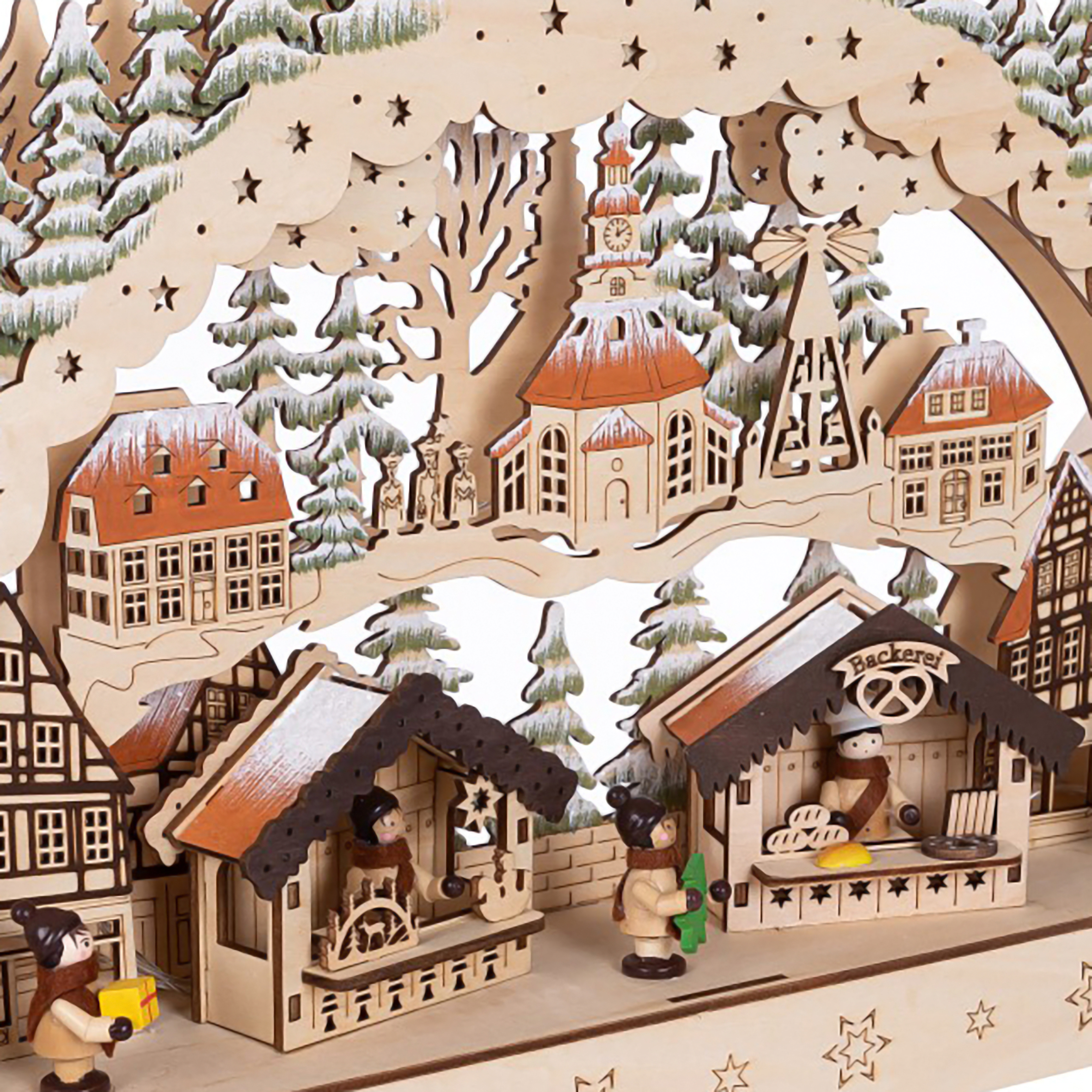 LED Holz Schwibbogen 44 x 30 cm - Motiv: Wintermarkt - Deko Lichterbogen mit Weihnachtsmotiv