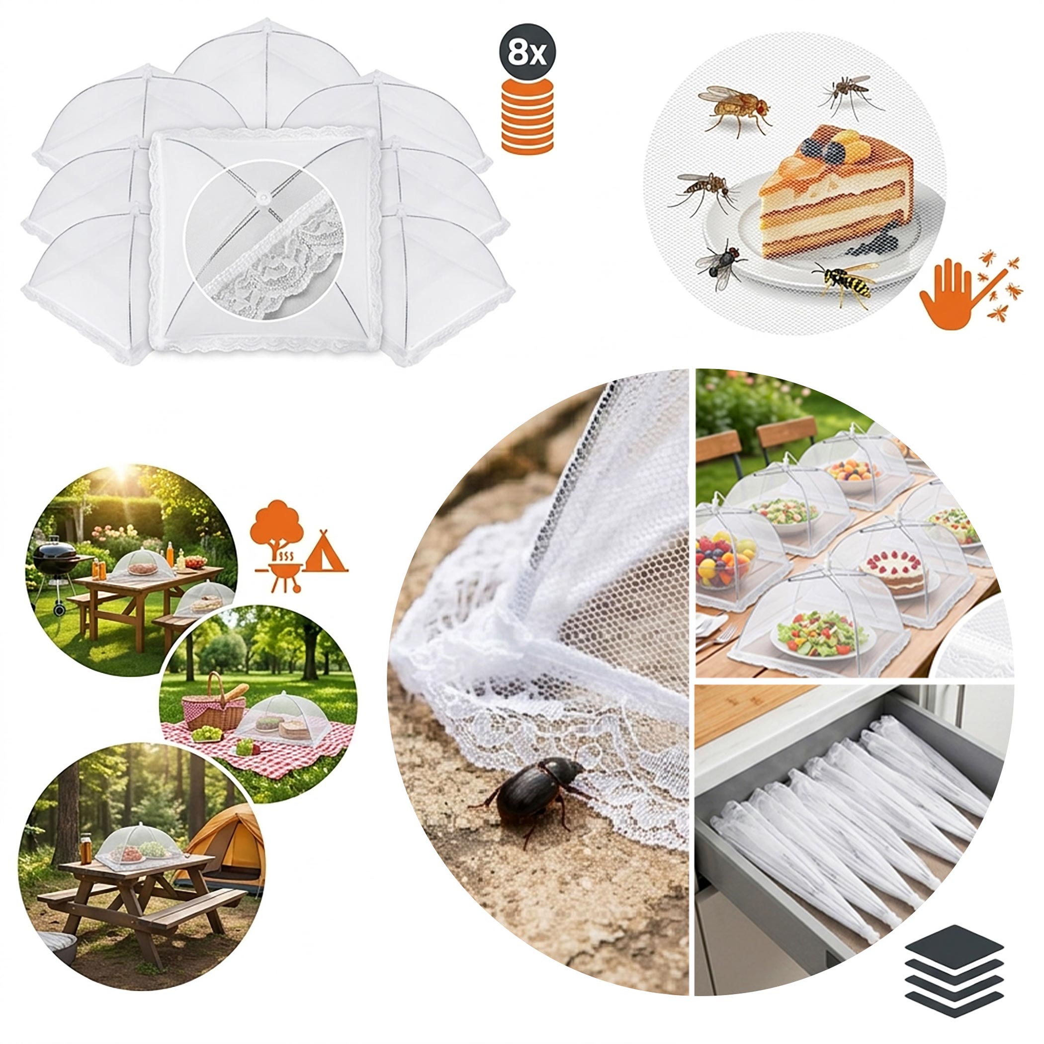 Insekten Schutzhaube 30 x 30 cm weiß - 8er Set - Lebensmittel Abdeckhaube faltbar