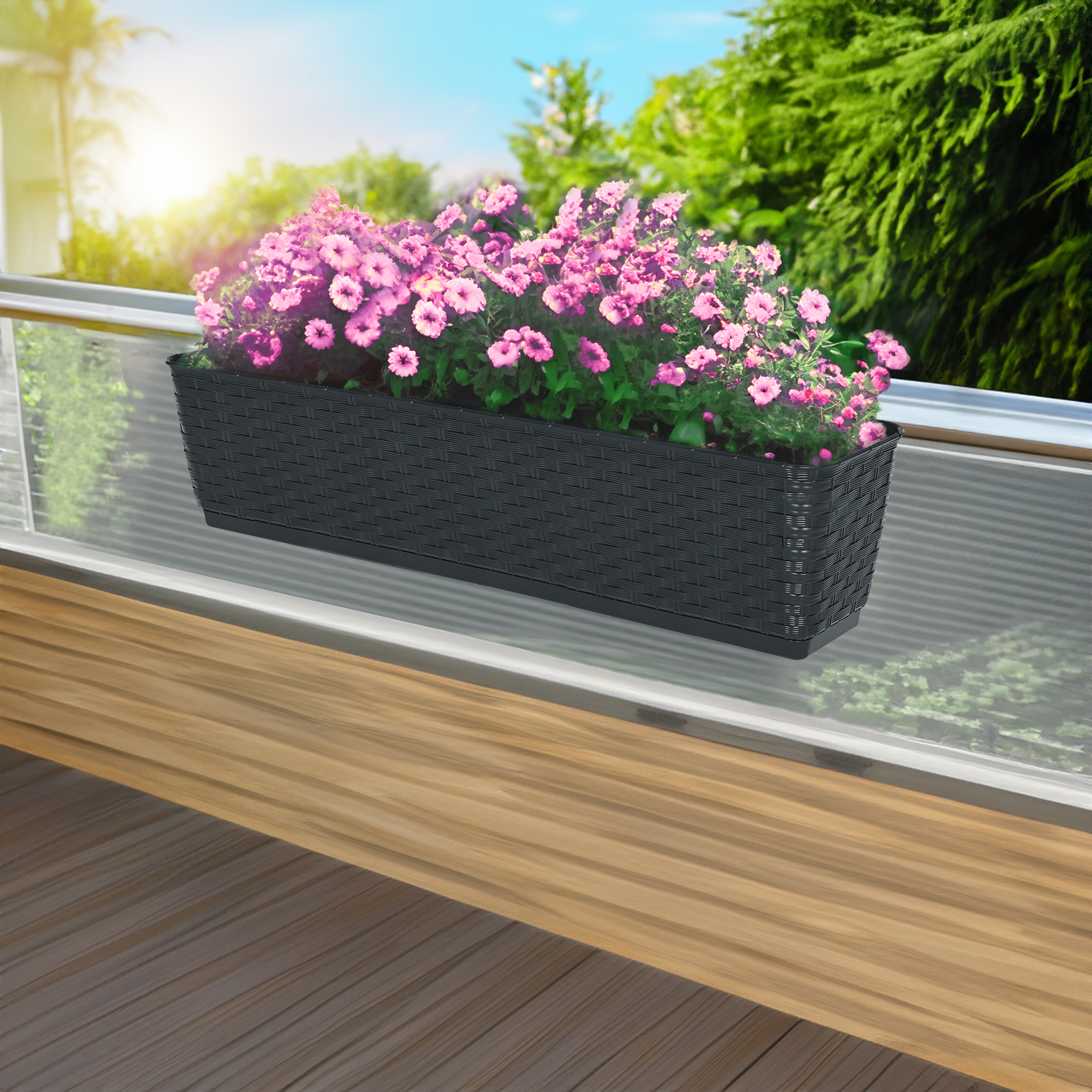 Geländer Blumen Kasten m. Halterung - 60 x 15 cm - Kunststoff Balkon Pflanz Topf