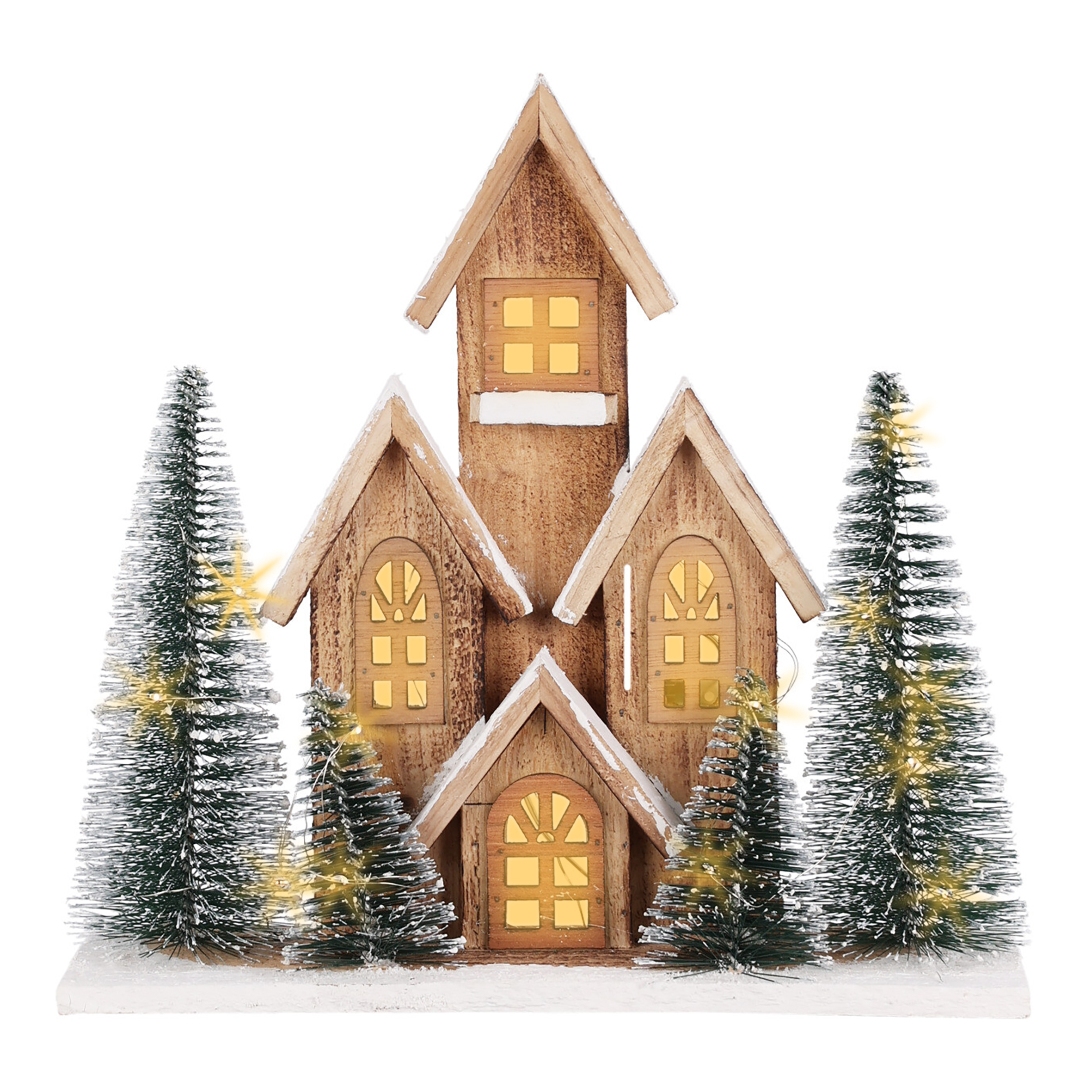 LED Holz Häuserzeile mit Tannen - 32 cm