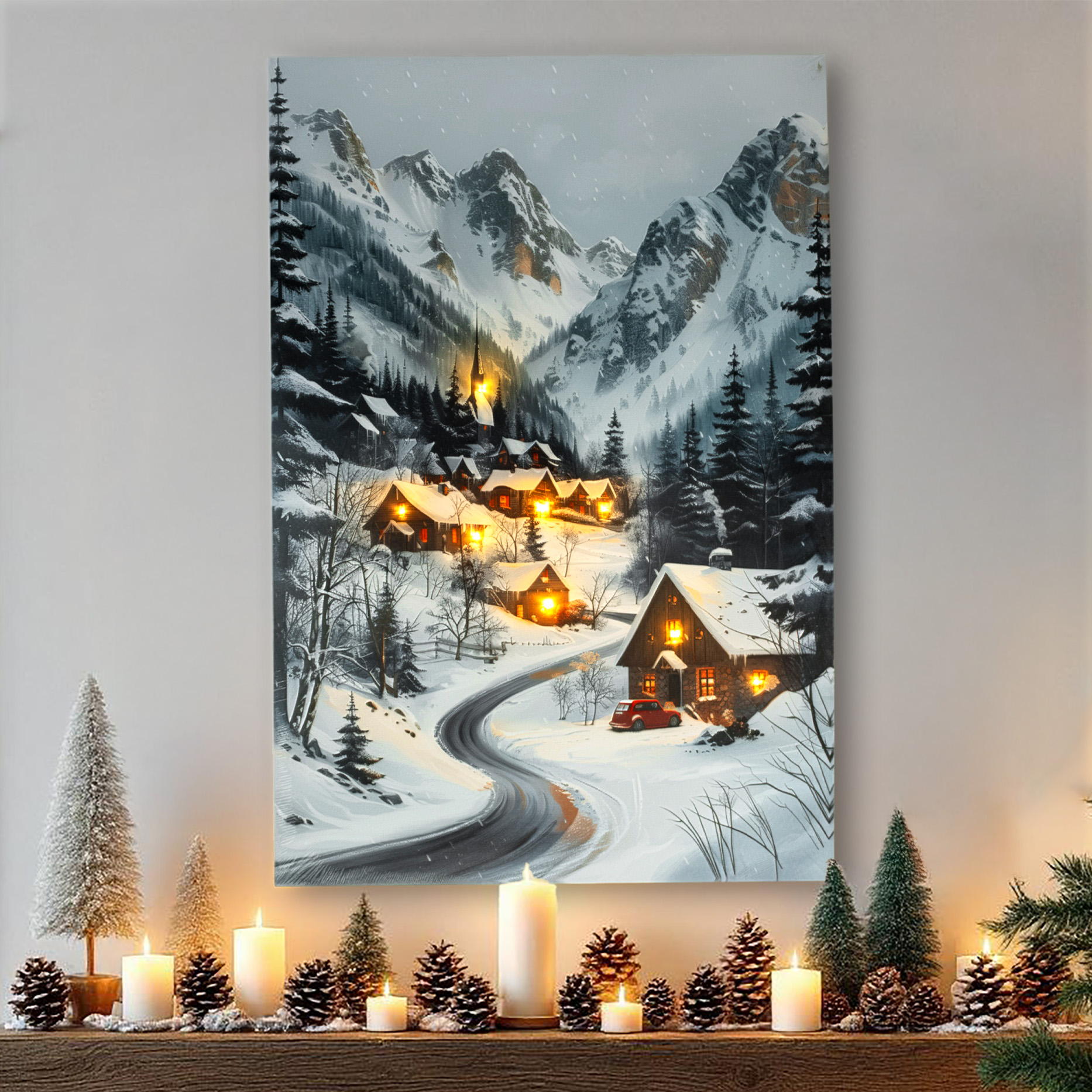 Winter Dorf Wand Bild beleuchtet - 58 x 38 cm