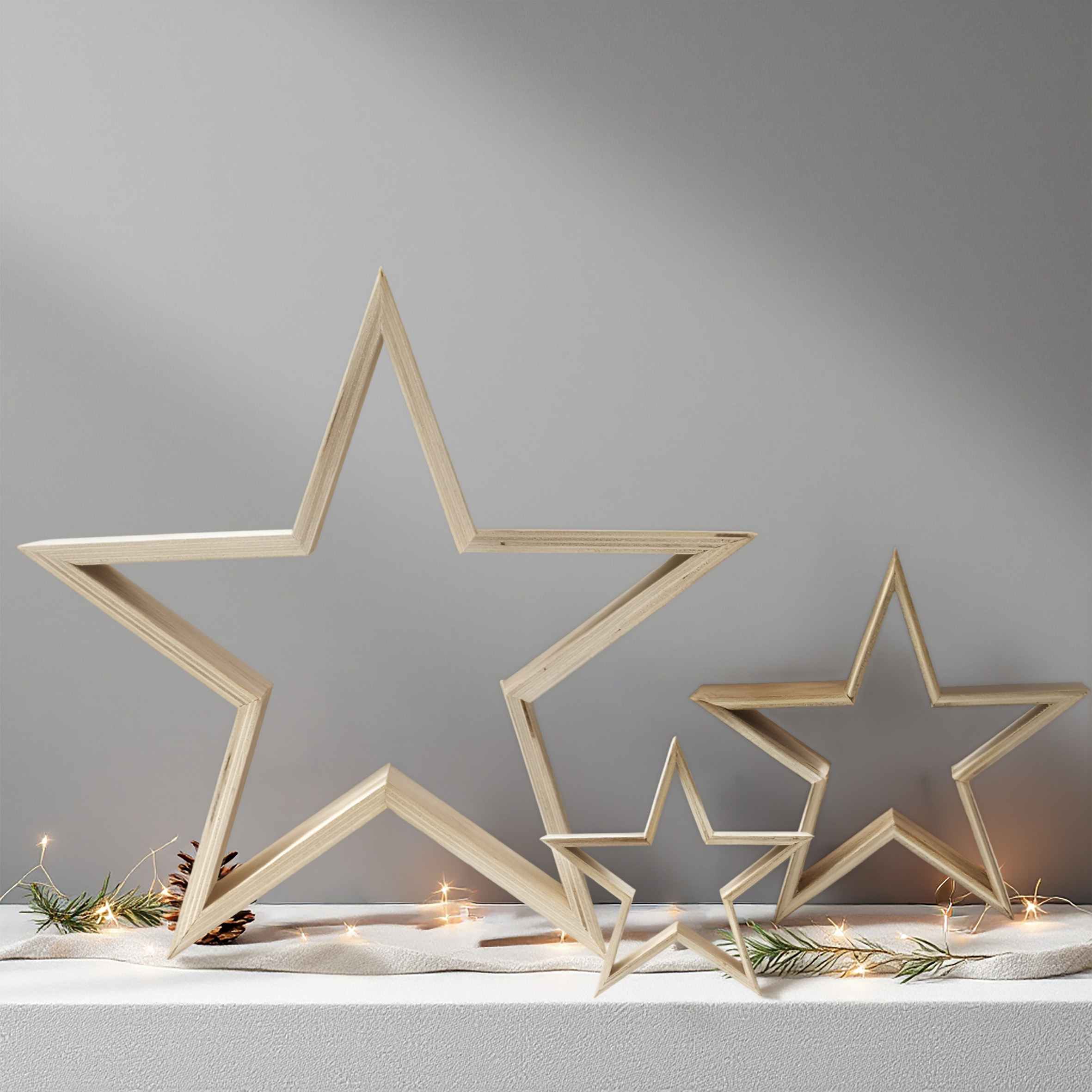 Holz Sterne 3er Set Als Weihnachtsdeko – Aus Echtholz, Silber, 6/8/10 Cm, Zum Hinstellen Oder Liegen